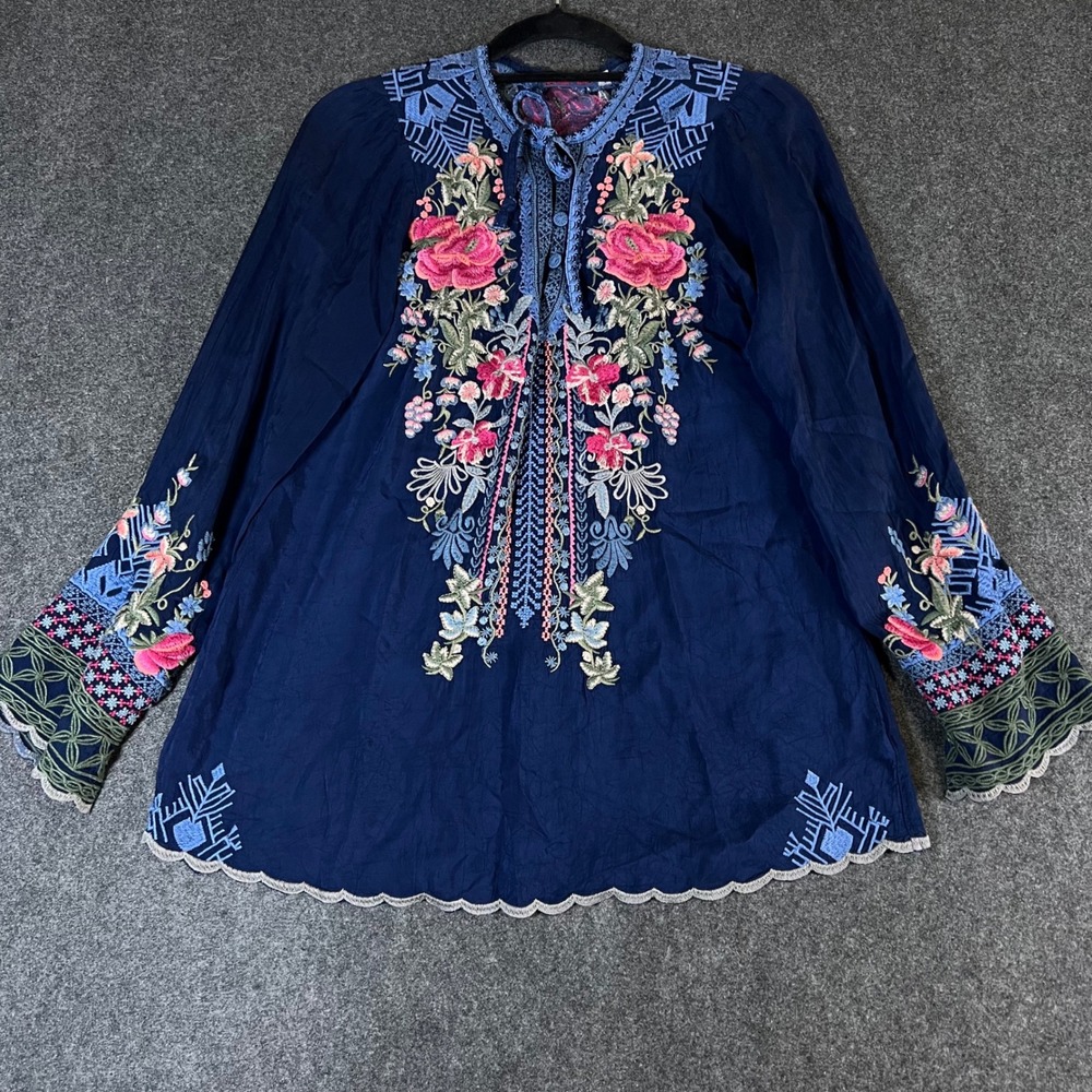 Johnny Was Navy Blue Cupra Rayon Floral Embroidered Tunic Blouse Small Boho